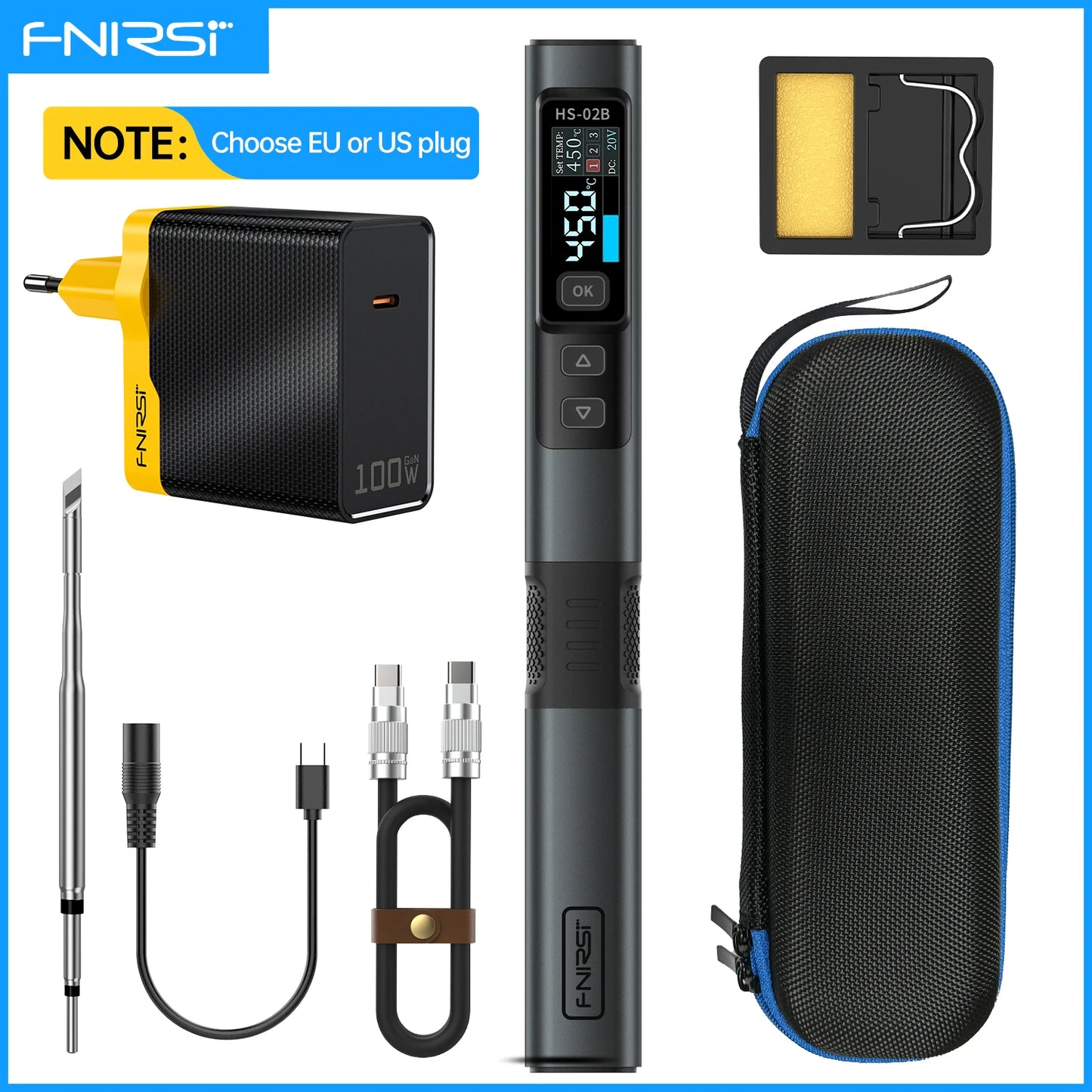 FNIRSI HS-02 Portable Soldering Iron — 100W PD, Adjustable 100-450°C Temperature & Fast Heating