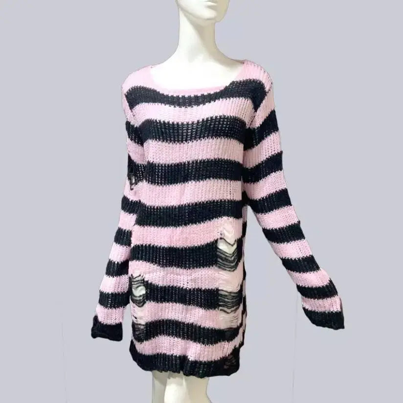 Punk Gothic Striped Sweater — Unisex Hollow-Out Rock Streetwear Top