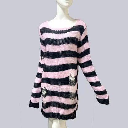 Punk Gothic Striped Sweater — Unisex Hollow-Out Rock Streetwear Top