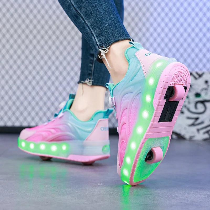 Kids LED Light-Up Roller Skate Shoes — USB Rechargeable Glowing Sneakers for Boys & Girls