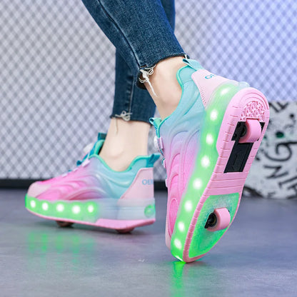 Kids LED Light-Up Roller Skate Shoes — USB Rechargeable Glowing Sneakers for Boys & Girls