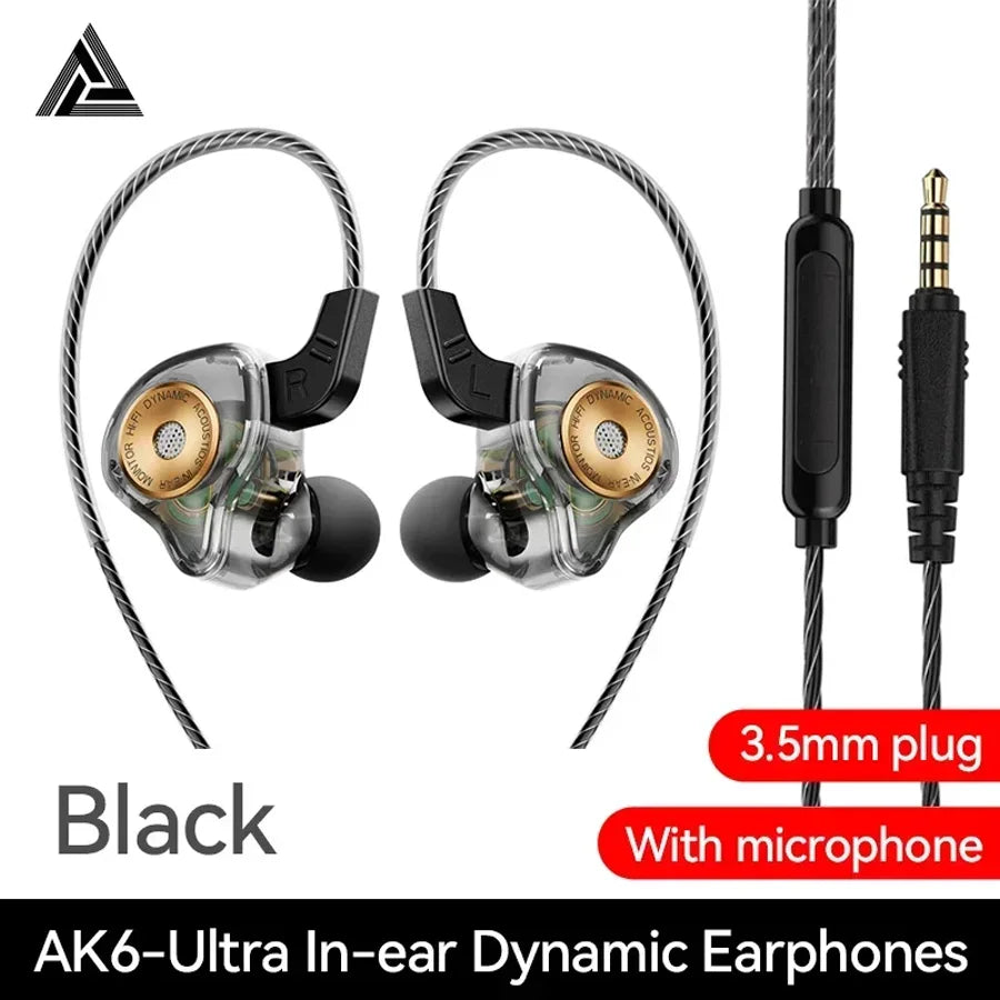 QKZ AK6 In-Ear HIFI Earphones — 6 Dynamic Drivers, Stereo Bass Subwoofer Monitor Earbuds with Mic