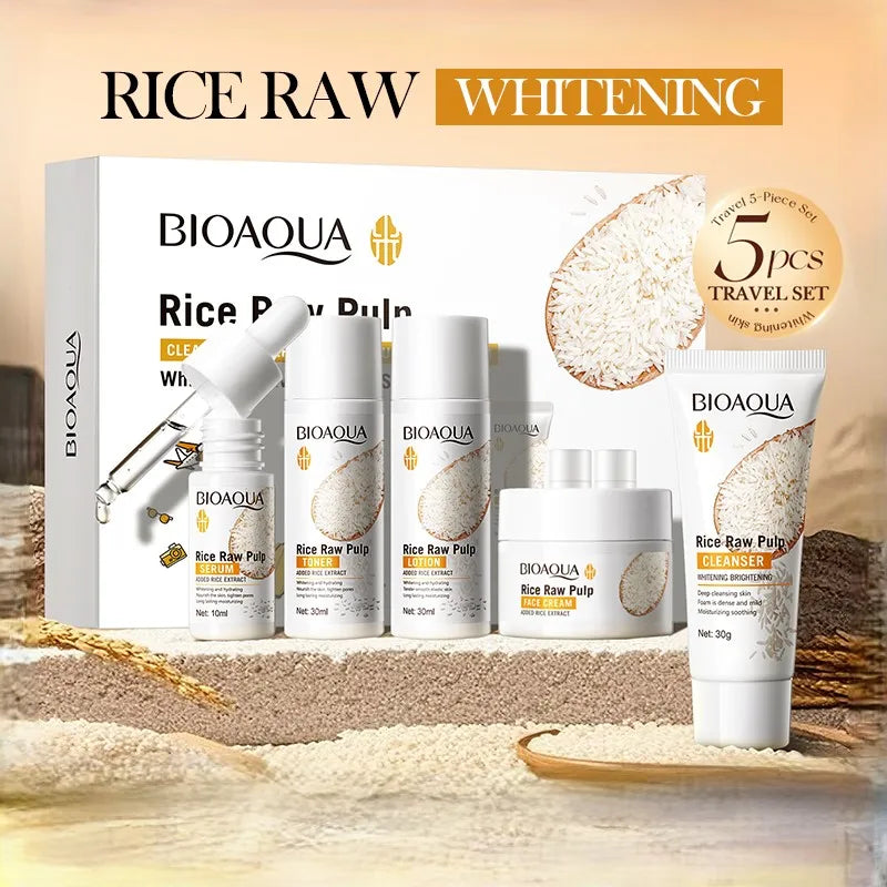 Rice Puree Whitening Skincare Set & Soap — Brightening & Hydrating Cleanser, Toner, Essence, Lotion & Cream