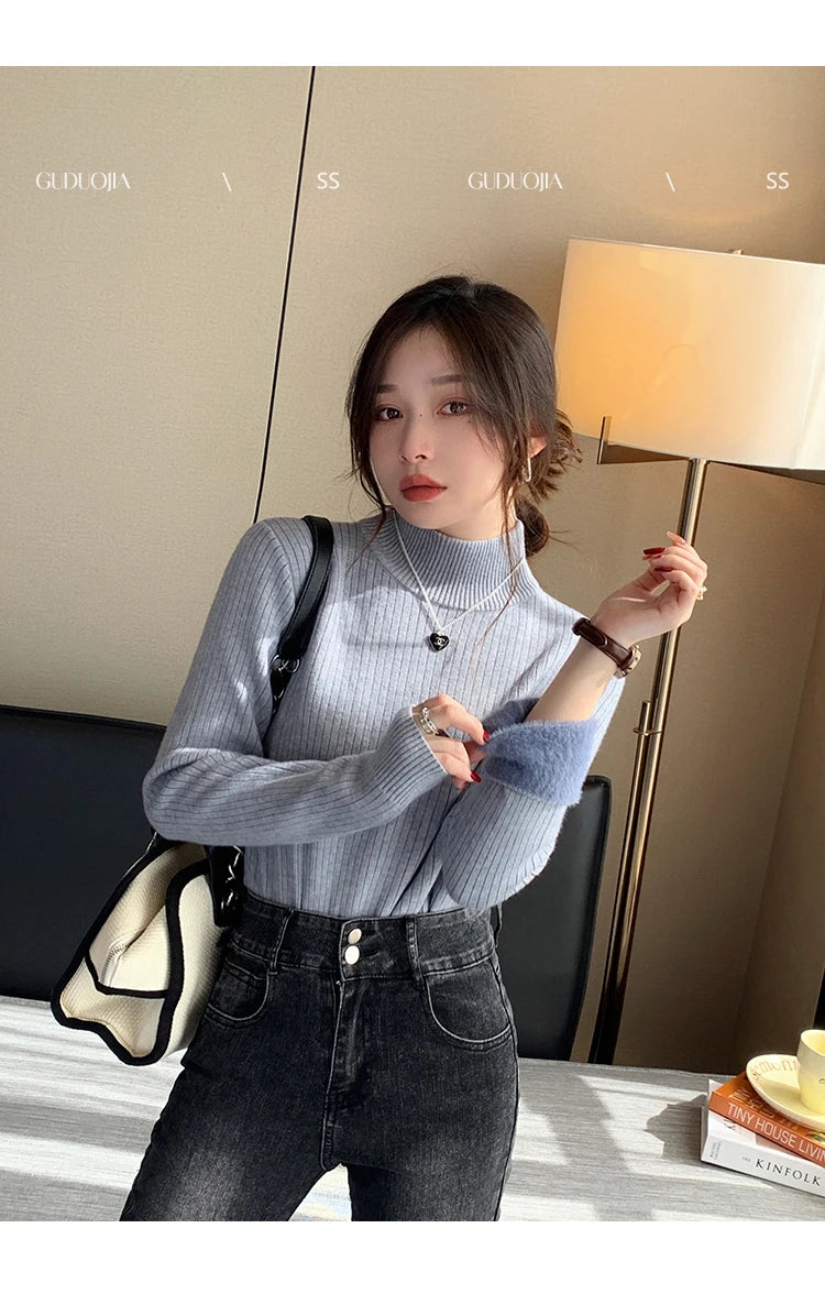 Women's Retro Turtleneck Sweater — Velvet-Lined Thermal Knit Pullover