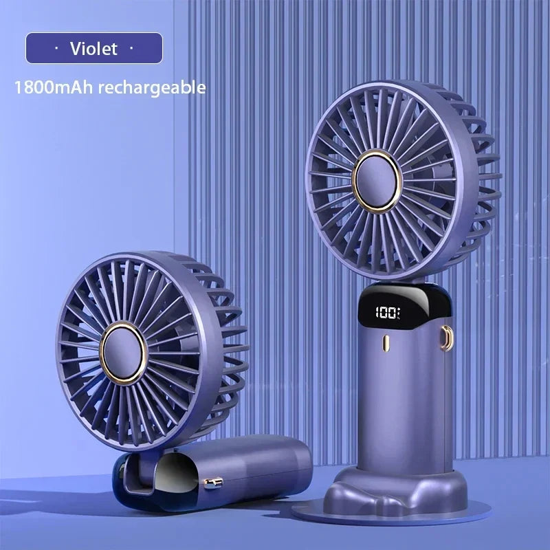 Portable Handheld & Neck Hanging Fan — 5-Speed USB Rechargeable Fan with Phone Stand & Display Screen (1800mAh)