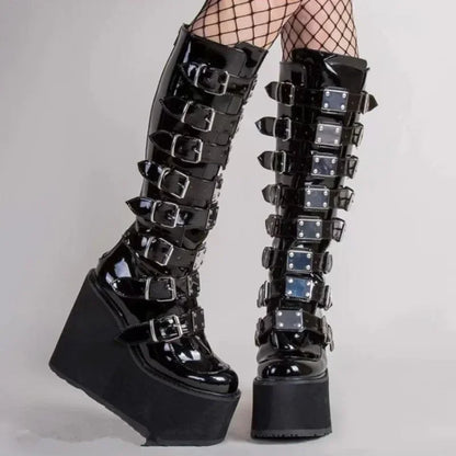 Gothic Cosplay High Heel Platform Wedge Boots — Buckle Strap Long Tube Leather Boots for Women (Plus Size)