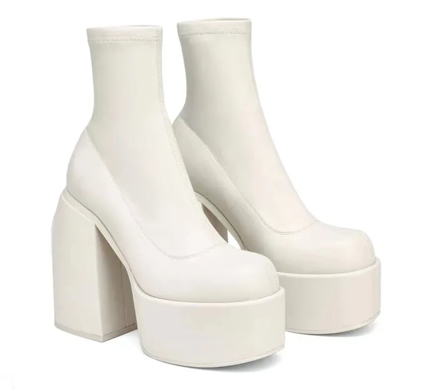 Women's Sexy Leather Short Boots — Square Toe Zipper High Heel Casual Thick Sole Ankle Boots