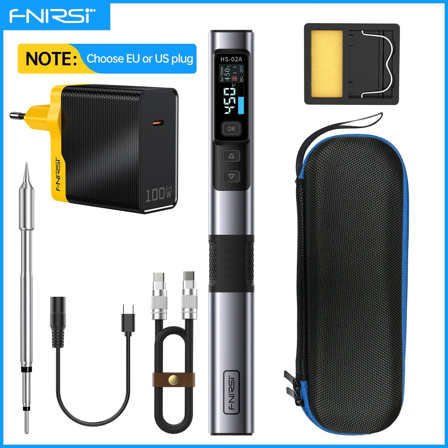 FNIRSI HS-02 Portable Soldering Iron — 100W PD, Adjustable 100-450°C Temperature & Fast Heating