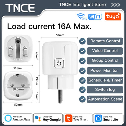 TNCE Tuya Smart Plug — WiFi & Zigbee 3.0 EU Socket with Power Monitor, 16A/20A, Alexa & Google Home