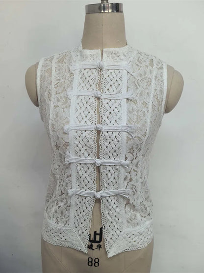 Women's Vintage Lace Blouse — Elegant Embroidery Puff Sleeve Top