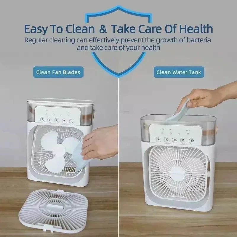 3-in-1 Mini Air Cooler Fan — Portable USB Humidifier, LED Night Light & Personal Air Conditioner