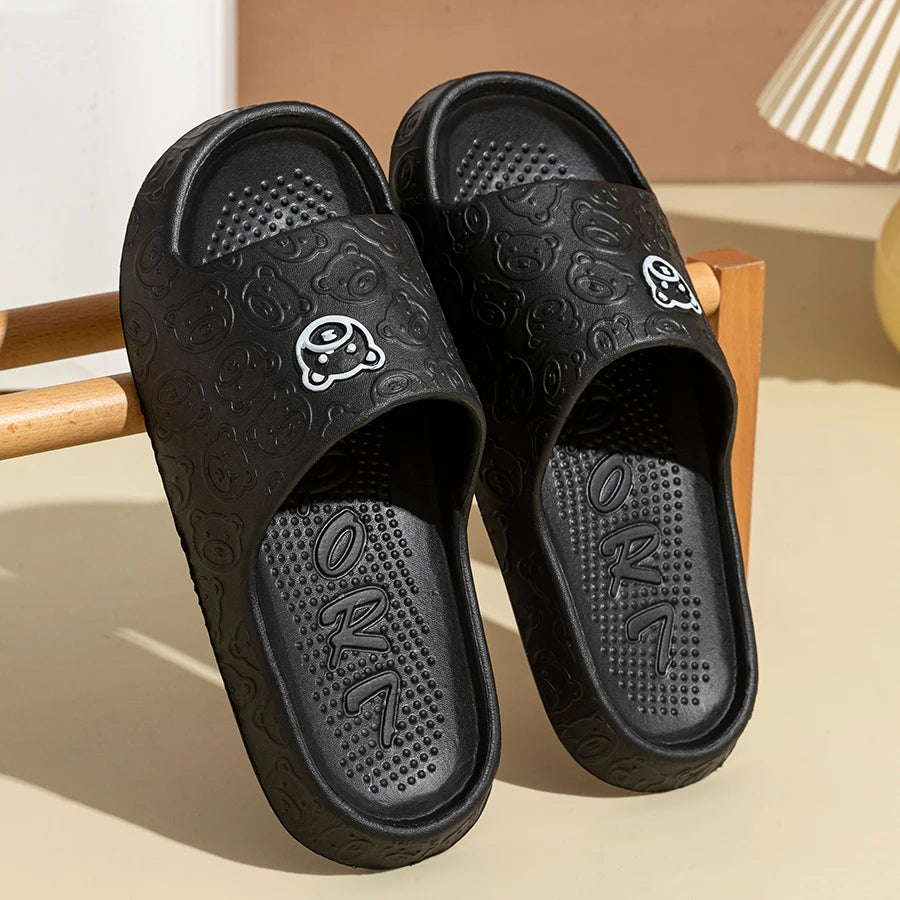 Little Bear Print Couple Slippers — Non-Slip Soft Indoor Bathroom Sandals for Men & Women