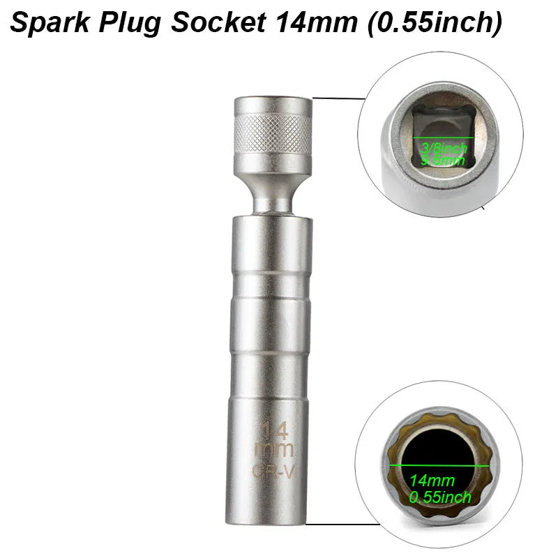 Spark Plug Socket Wrench Adapter Kit — 14mm & 16mm Magnetic Swivel Torque Removal Tool for Cars