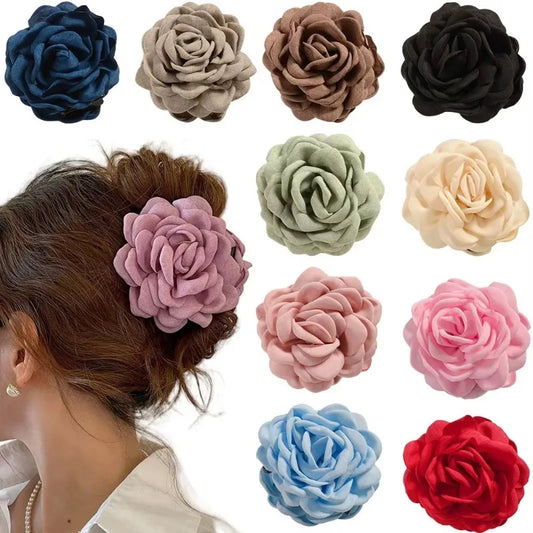 16-Color Rose Flower Hair Claw Clips — Medium Cotton Fabric Korean Shark Clamp Hair Accessories