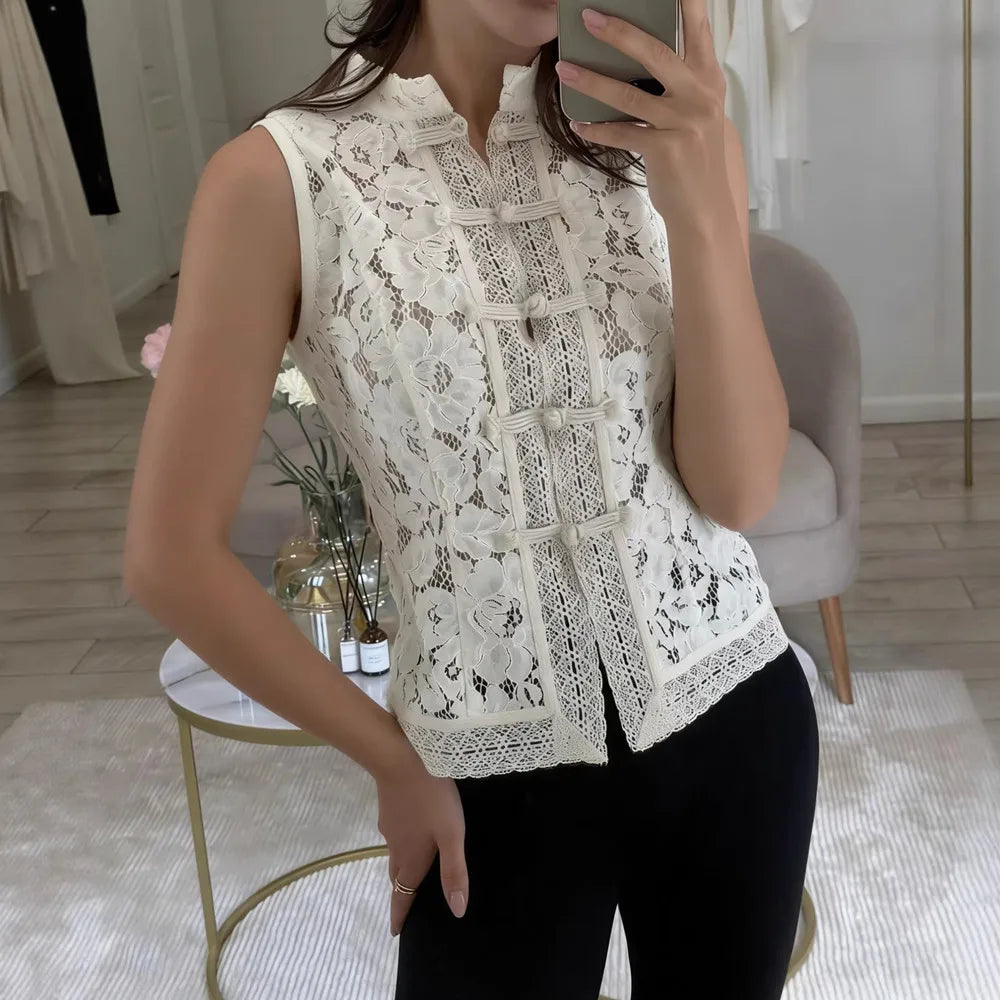 Women's Vintage Lace Blouse — Elegant Embroidery Puff Sleeve Top