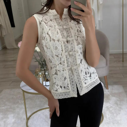 Women's Vintage Lace Blouse — Elegant Embroidery Puff Sleeve Top