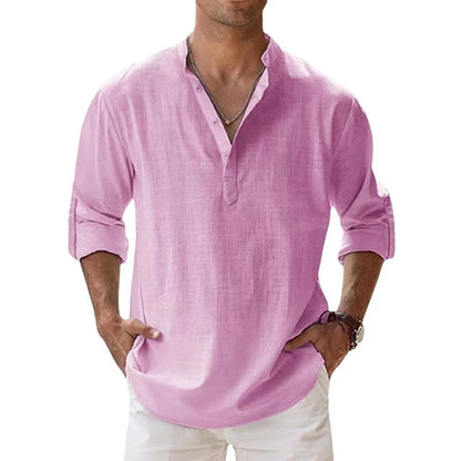 Men's Cotton Linen Long Sleeve Shirt — Lightweight Henley Beach & Hawaiian Style