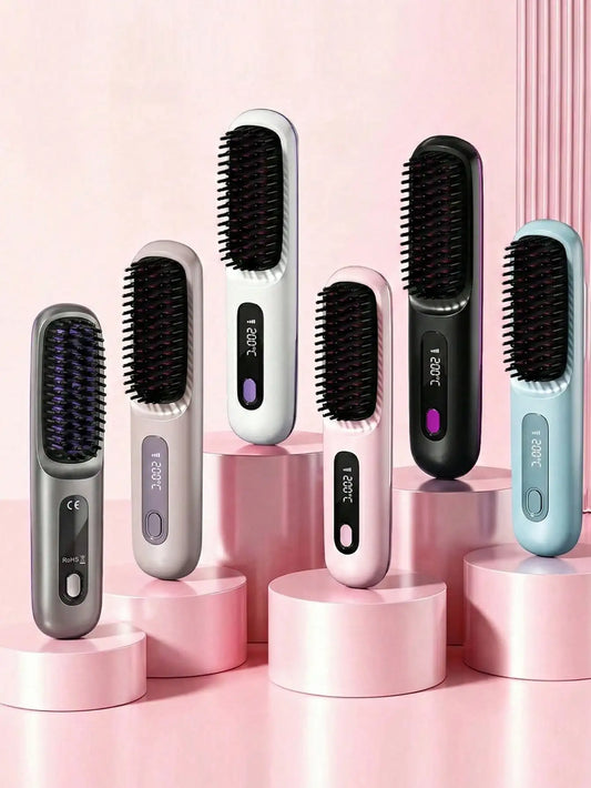 Women's Wireless Portable Hair Straightener Brush — USB Rechargeable Negative Ion Smoothing Tool with Anti-Scald Design
