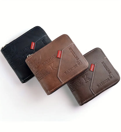 Men's PU Wax Oil Skin Zipper Wallet — Short Coin Purse & Card Holder with Zip-Around Closure