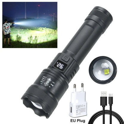 2000LM Tactical LED Flashlight — USB Rechargeable Zoomable Torch with Display for Camping, Fishing & Emergency