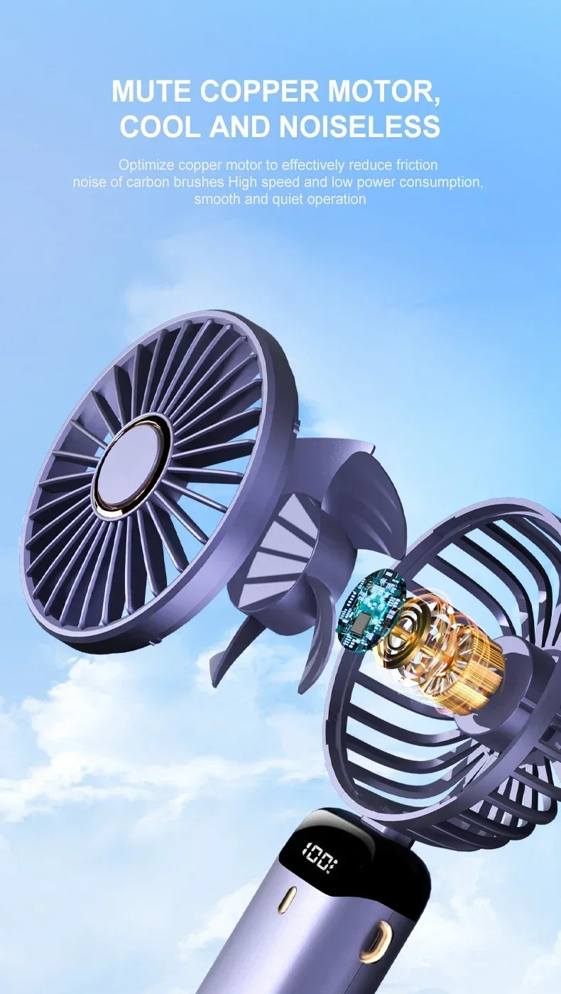 Portable Handheld & Neck Hanging Fan — 5-Speed USB Rechargeable Fan with Phone Stand & Display Screen (1800mAh)