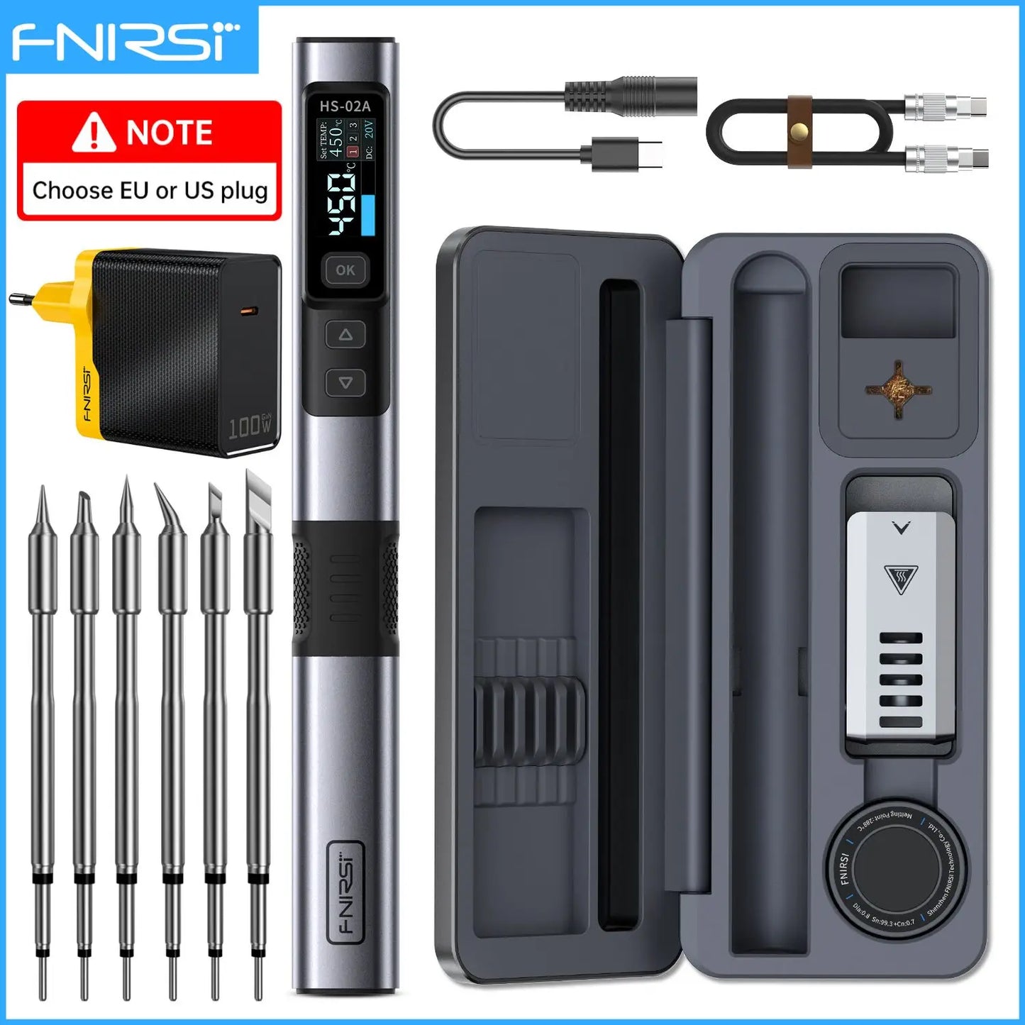 FNIRSI HS-02 Portable Soldering Iron — 100W PD, Adjustable 100-450°C Temperature & Fast Heating