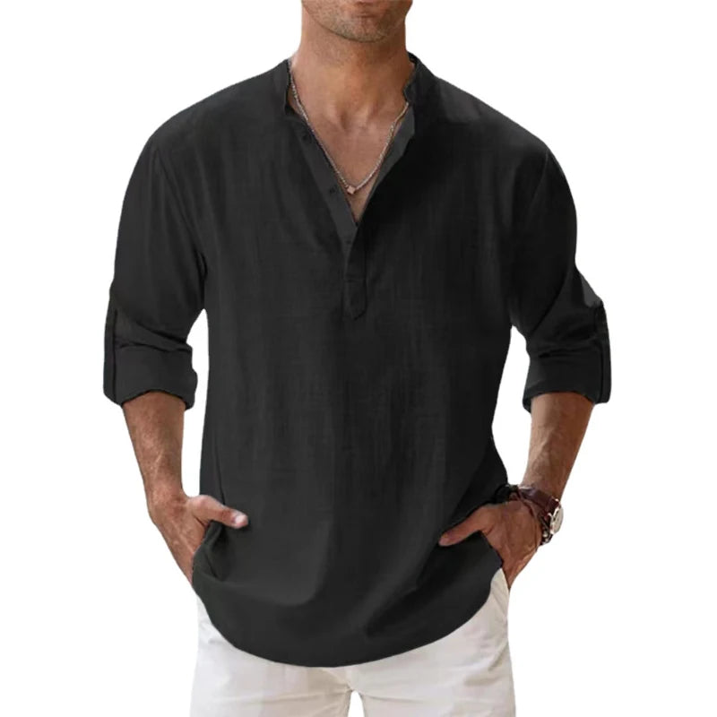 Men's Cotton Linen Long Sleeve Shirt — Lightweight Henley Beach & Hawaiian Style