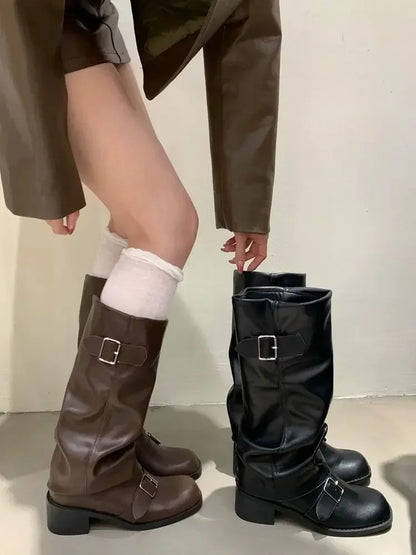 Knee High Platform Chunky Heel Boots — Punk Gothic New Rock Leather Motorcycle Boots for Women
