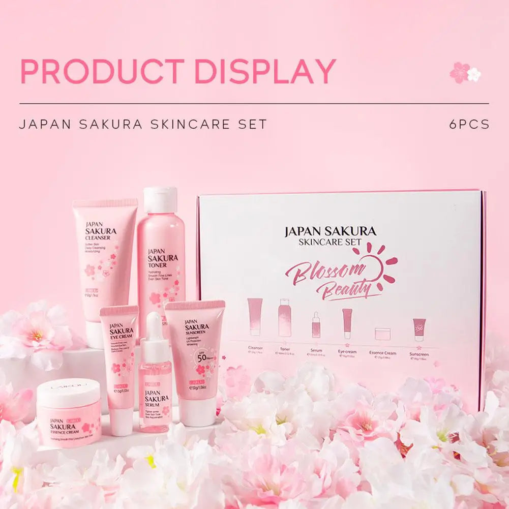 Sakura 6-Piece Skincare Gift Set — Face Cream, Serum, Toner, Cleanser, Sunscreen & Eye Cream