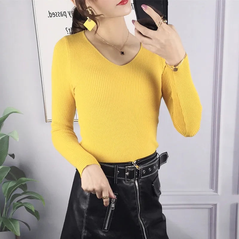 Women's Ribbed V-Neck Knit Sweater — Y2K Long Sleeve Pullover Top