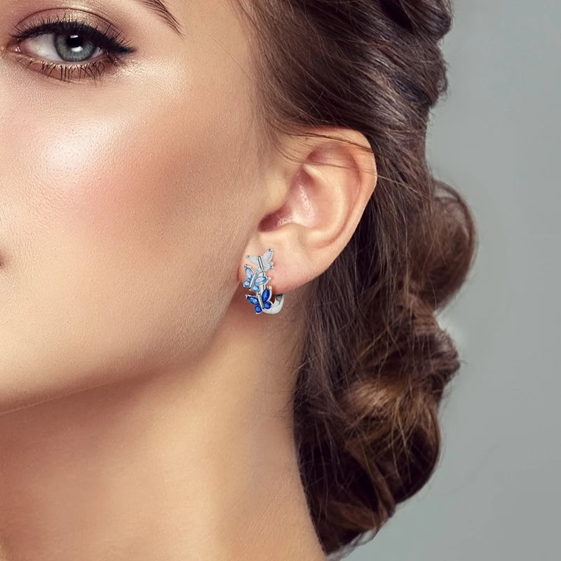925 Sterling Silver Blue Zircon Butterfly Hoop Earrings — Colored Fine Jewelry for Women & Girls