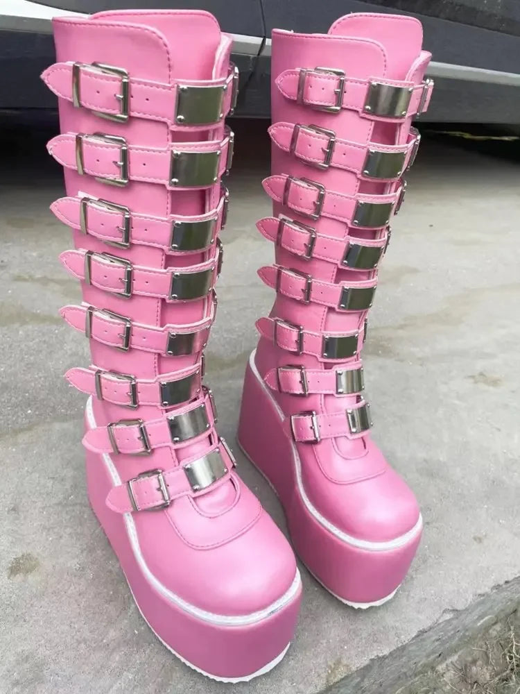 Gothic Cosplay High Heel Platform Wedge Boots — Buckle Strap Long Tube Leather Boots for Women (Plus Size)