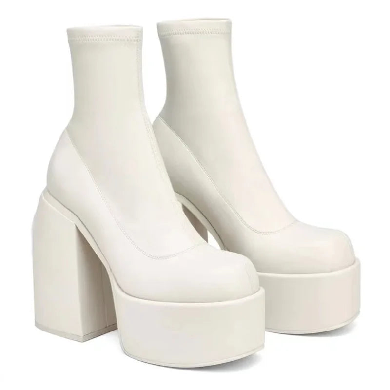 Women's Sexy Leather Short Boots — Square Toe Zipper High Heel Casual Thick Sole Ankle Boots