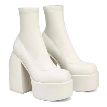 Women's Sexy Leather Short Boots — Square Toe Zipper High Heel Casual Thick Sole Ankle Boots