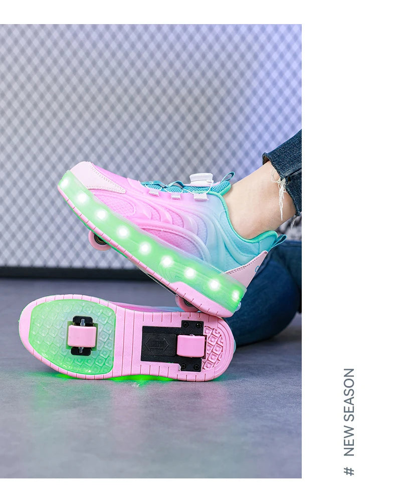 Kids LED Light-Up Roller Skate Shoes — USB Rechargeable Glowing Sneakers for Boys & Girls