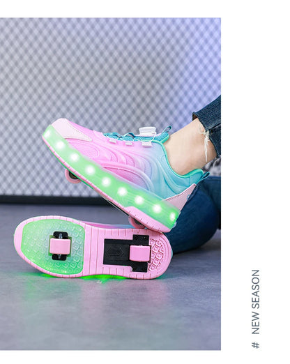 Kids LED Light-Up Roller Skate Shoes — USB Rechargeable Glowing Sneakers for Boys & Girls