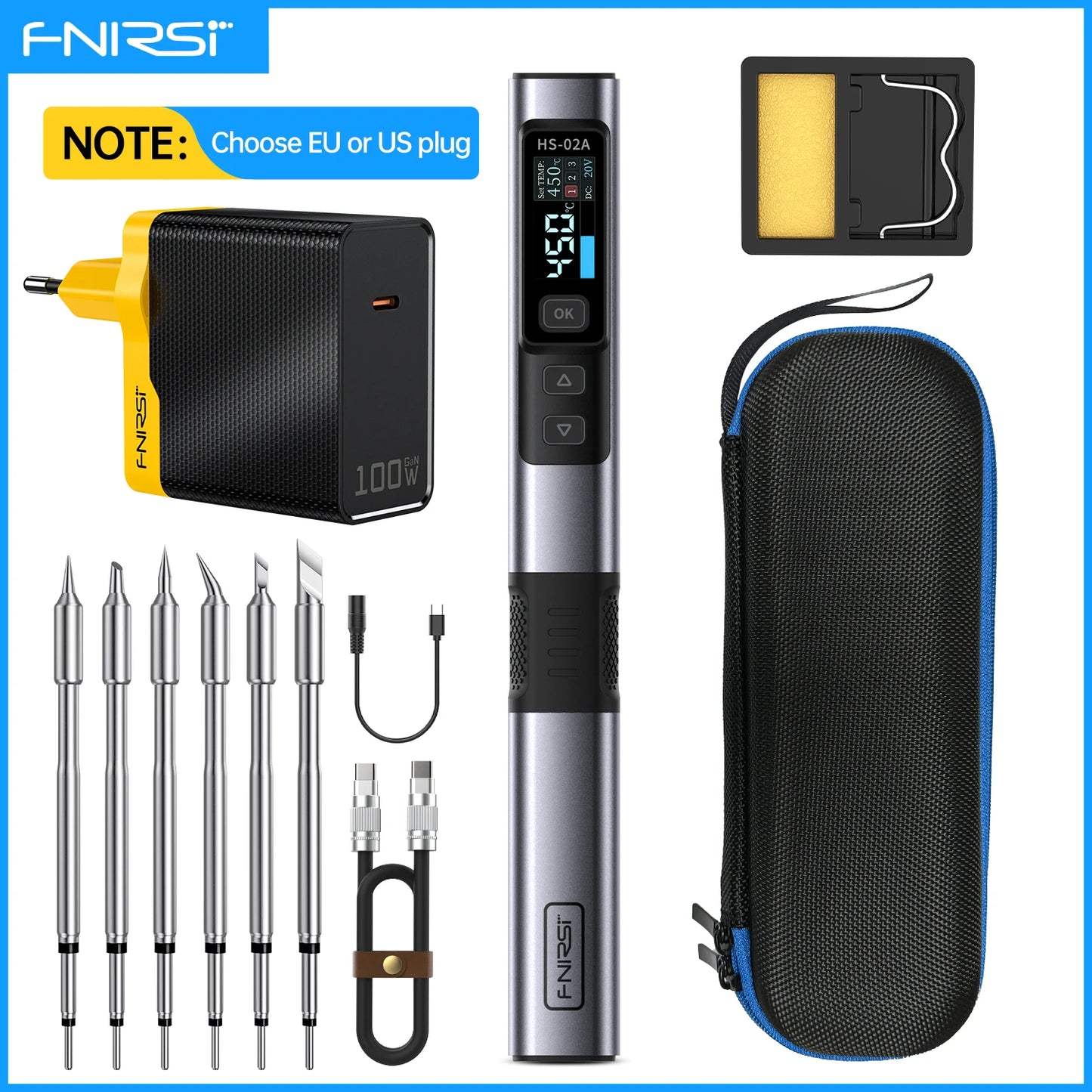 FNIRSI HS-02 Portable Soldering Iron — 100W PD, Adjustable 100-450°C Temperature & Fast Heating