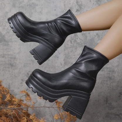 Women's Sexy Leather Short Boots — Square Toe Zipper High Heel Casual Thick Sole Ankle Boots