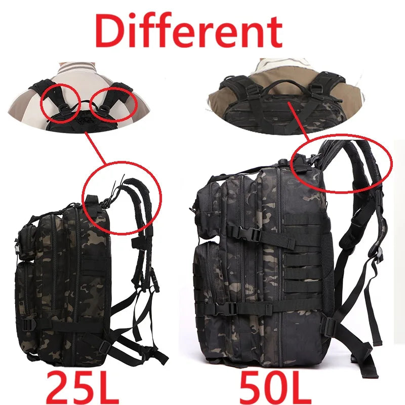 25L/50L Tactical Hiking Backpack — Waterproof Nylon Rucksack for Camping, Trekking, Fishing & Hunting