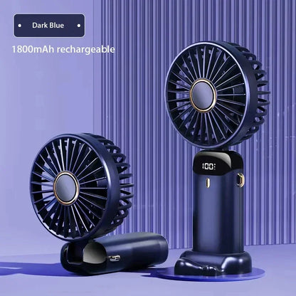 Portable Handheld & Neck Hanging Fan — 5-Speed USB Rechargeable Fan with Phone Stand & Display Screen (1800mAh)