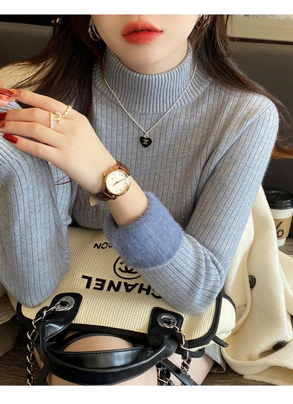 Women's Retro Turtleneck Sweater — Velvet-Lined Thermal Knit Pullover