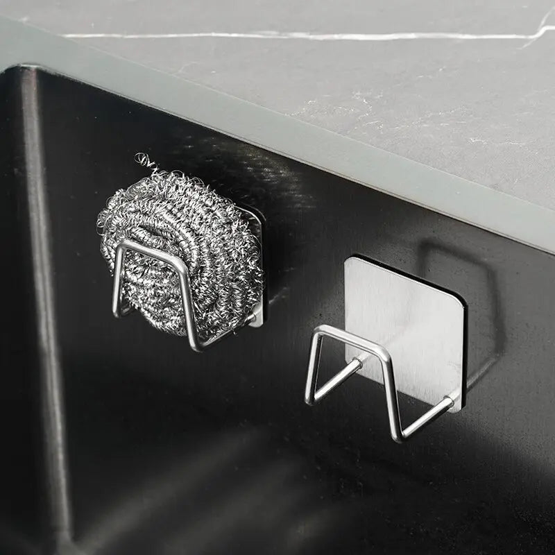Self-Adhesive Kitchen Sink Sponge Holder — Stainless Steel Drain Drying Rack & Wall Hook Organizer