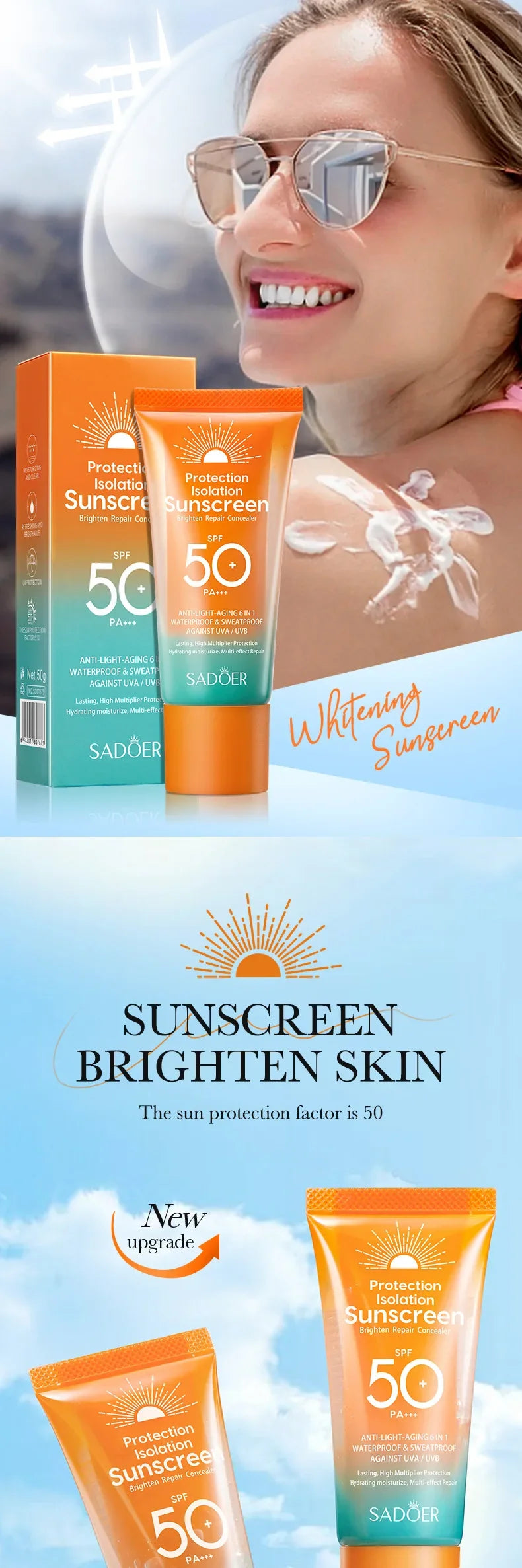 SPF50+ PA+++ Dual Tube Multi-Effect Facial Sunscreen — Brightening Solar Blocker