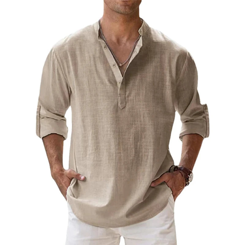 Men's Cotton Linen Long Sleeve Shirt — Lightweight Henley Beach & Hawaiian Style