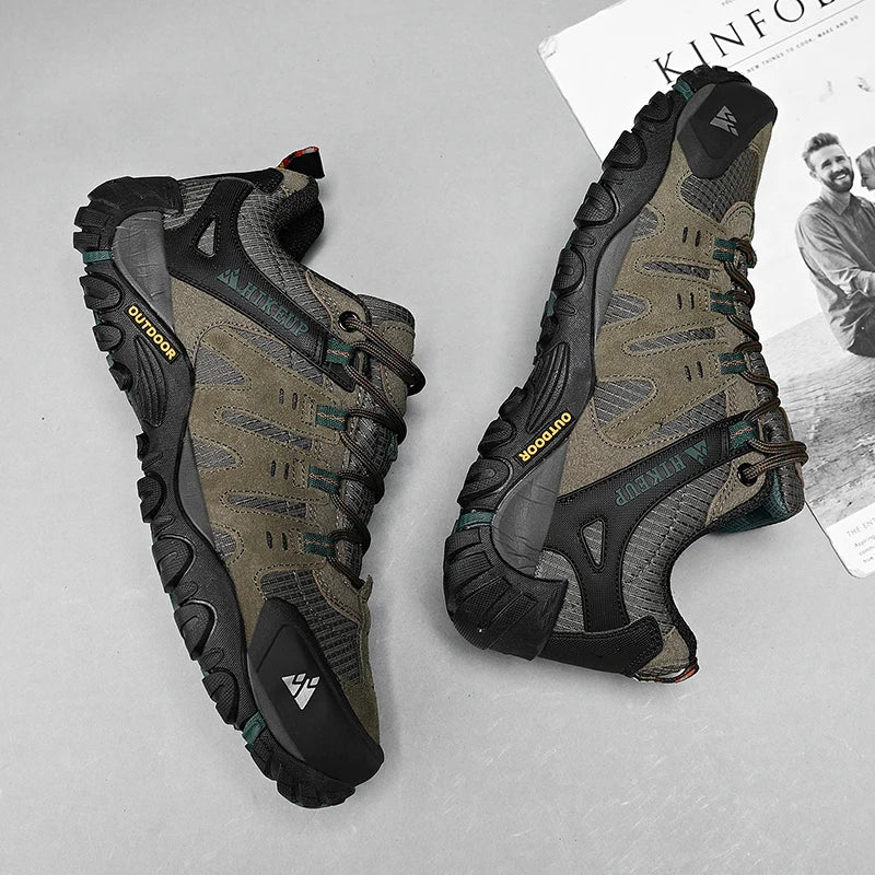HIKEUP Men's Suede Leather Hiking Shoes — Wear-Resistant Outdoor Trekking, Walking & Tactical Sneakers