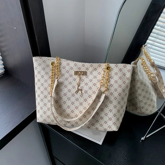 Soft Leather Large Capacity Tote Bag — Textured Shoulder Handbag with Hanging Accessories for Women
