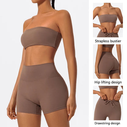 Women's 2-Piece Fitness Sports Set — Strapless Crop Bra & Yoga Workout Gym Suit for Women