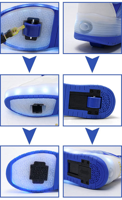 Kids LED Light-Up Roller Skate Shoes — USB Rechargeable Glowing Sneakers for Boys & Girls