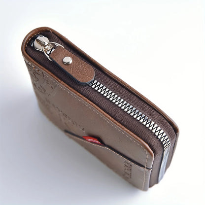 Men's PU Wax Oil Skin Zipper Wallet — Short Coin Purse & Card Holder with Zip-Around Closure