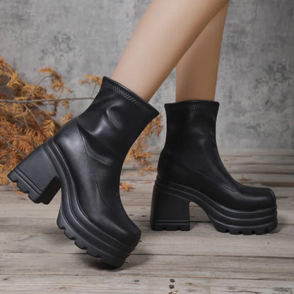 Women's Sexy Leather Short Boots — Square Toe Zipper High Heel Casual Thick Sole Ankle Boots